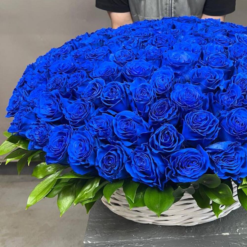 101 синяя роза в корзине